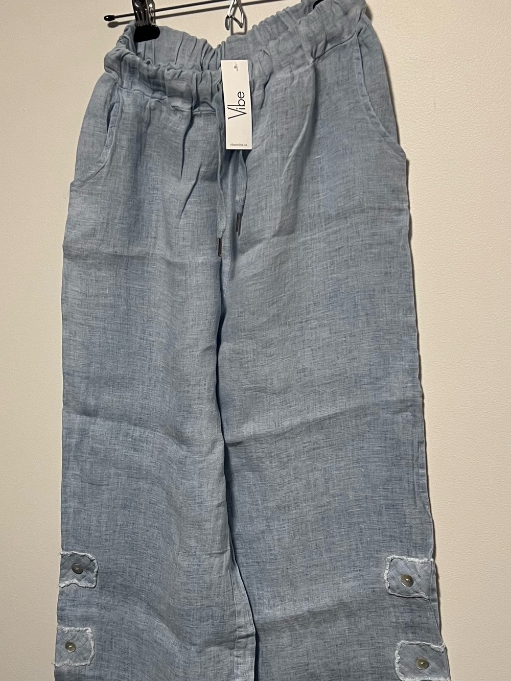 NWT Meo Meli Italy Linen Wide-Leg Pants - Frayed Button Hem Chambray Blue O/S